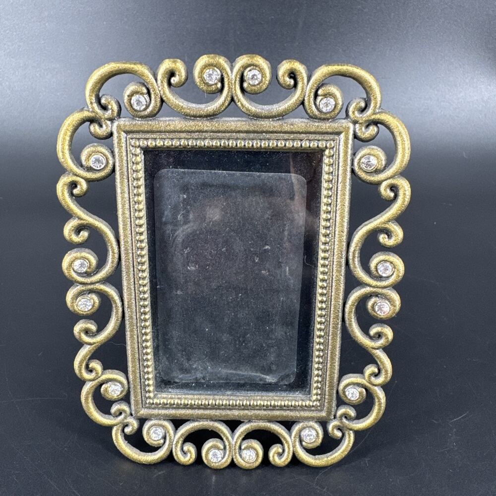 Small Mini Brass Tone Metal Frame with Swirls & Rhinestones Ornate Decorative